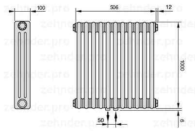Схема (чертеж) Радиатор Zehnder Charleston 3100/11 №5410 Белый глянцевый RAL 9016